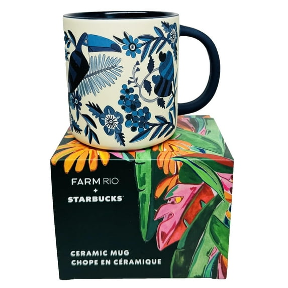 Starbucks x FARM Rio 2025 Lenço Azulejo Mug, 14 oz, Ceramic Coffee Cup with Handle, Blue and White Tile-Inspired Design, Microwave and Dishwasher Safe