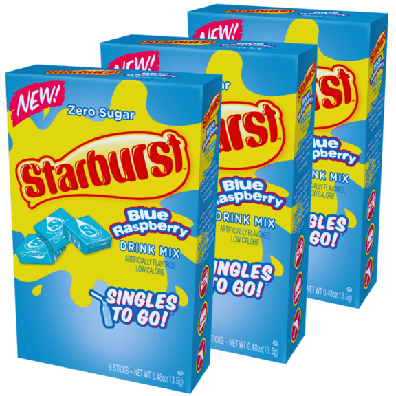 Starburst Blue Raspberry Singles-To-Go Fruity Burst of Sugar-Free Flavor Refreshing Drink Mix, 3 Box 18 Sachet - 18 Serving