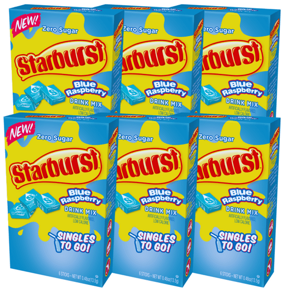 Starburst Blue Raspberry Singles-To-Go Fruity Burst of Sugar-Free Flavor Refreshing Drink Mix, 6 Box 36 Sachet -36Serving