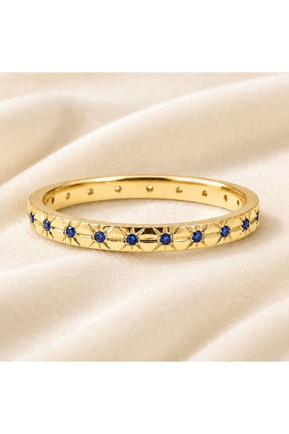 Starburst Blue Sapphire Eternity Ring, Stackable Band Ring, September Birthstone Ring, Stacking Promise Handmade Jewelry, Minimalist Ring