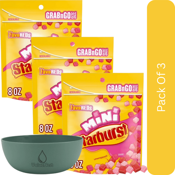 Starburst FaveREDS Minis Fruit Chewy Candy, Grab N Go, 8 oz Bag-3pk, With Olive Green Bowl By ValueNest