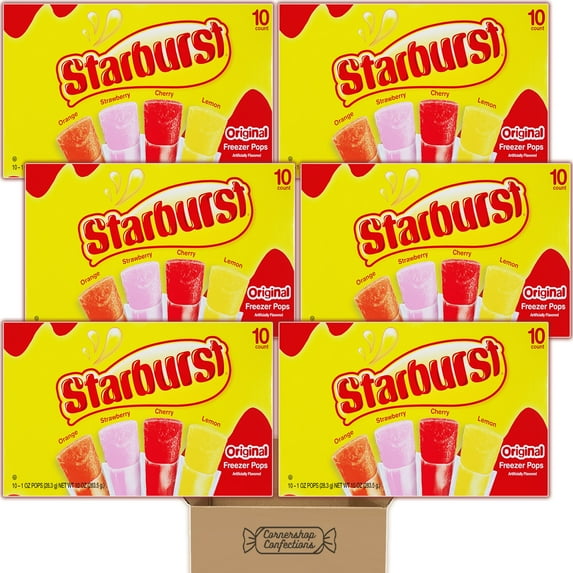 Starburst Freezer Pops 60 Count Assorted Variety Pack - 6 Boxes of 10 Pops Each - Orange, Strawberry, Cherry and Lemon - Summer, 4th of July, Sports, Cooler Snacks in Cornershop Confections Pack