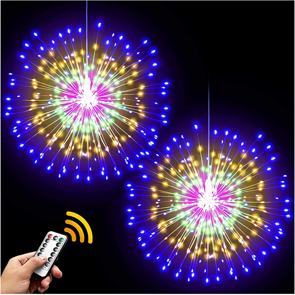 Starburst Lights 120 LED Firework Lights Copper Wire Sphere Lights with Remote, 8 Modes Battery Operated Chandelier Handing Ball Fairy Light for Christmas Party Decoration 2 Pcs(Colorful)