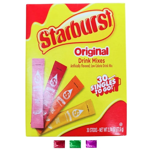 Starburst Original Drink Mix Singles 30 Sticks 1 Box, Zero Sugar Low Calorie Fruit Flavored Powdered Beverage, Beach Pool Watertok Summer Party Refreshment Packets w/ Snoep in Beperkte Oplage