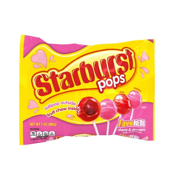 Starburst Pops FaveReds Valentine's Day Candy, Strawberry and Cherry Lollipops, 7.0 oz, 12 Piece Bag