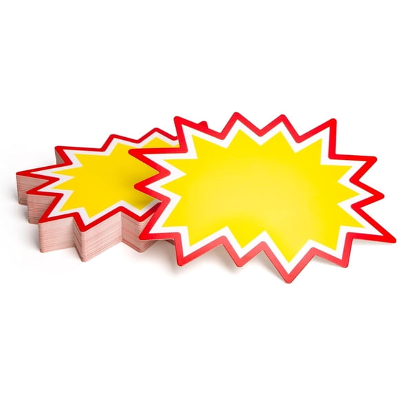 Starburst Price Tags with Stickers 100pcs | Yellow Sale Signs for Retail Store, Clearance Promo, Garage Sale, Yard Sale. 50pcs Thick Cards & 50pcs Strong Adhesive Dots. 4x6 inch (Yellow)