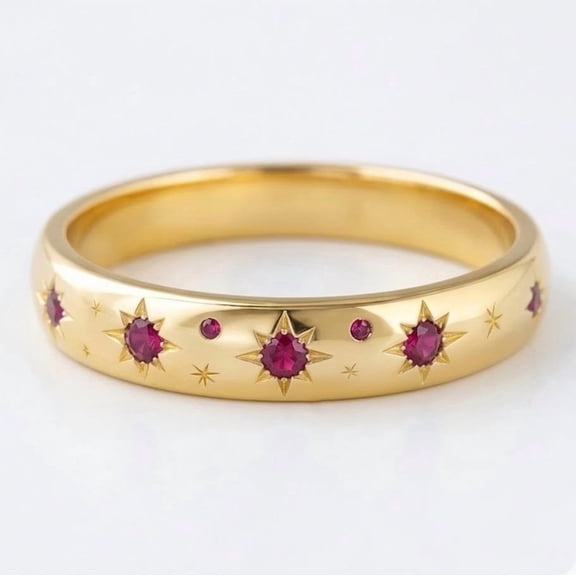 Starburst Red Ruby Thick Band Ring, Dainty Minimalist Jewelry, Proposal Gift for Her, Matching Band Ring, July Birthstone Ring, Handmade Jewelry