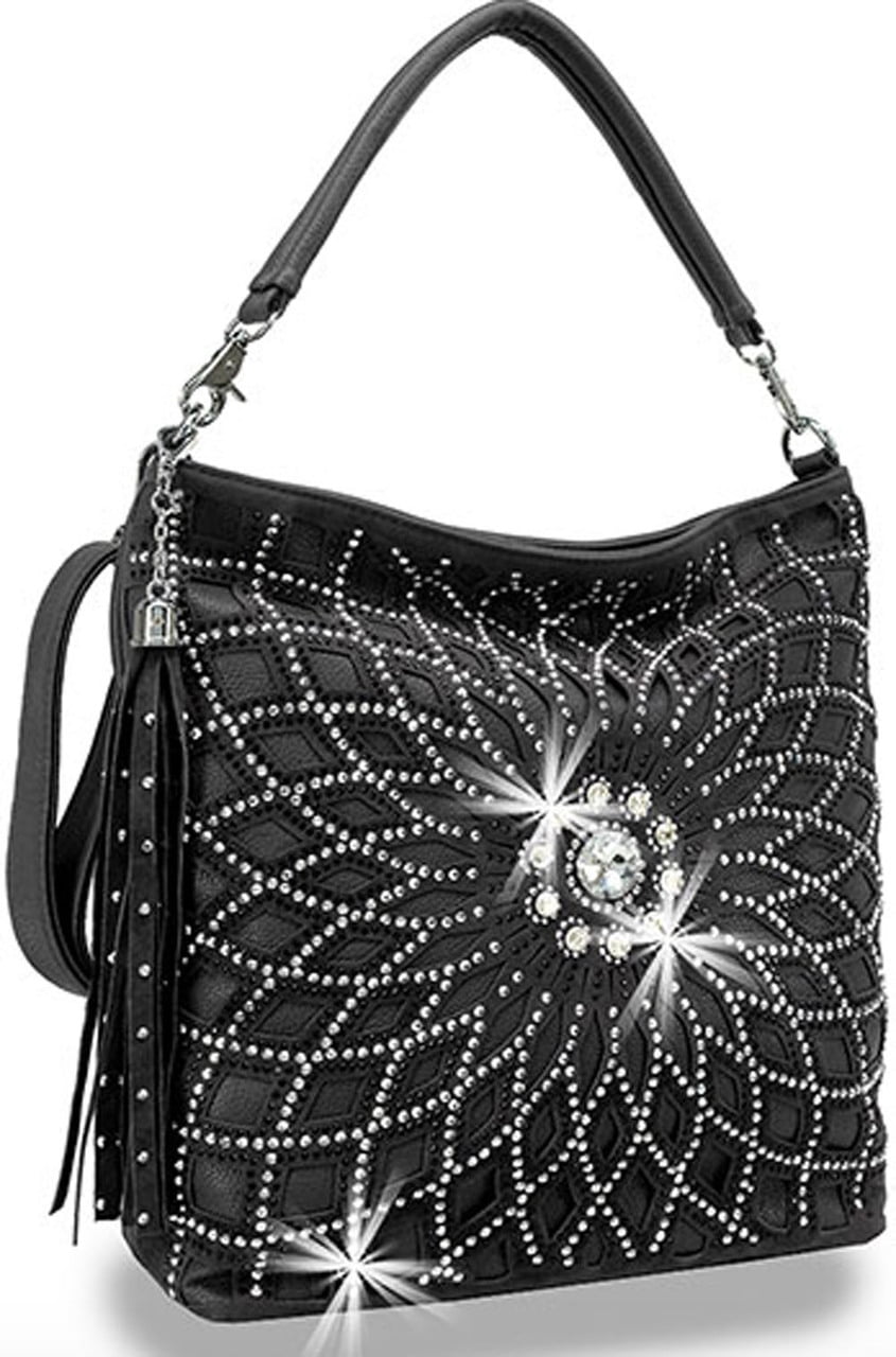 Starburst Rhinestone Hobo Bag with Shoulder Strap Black