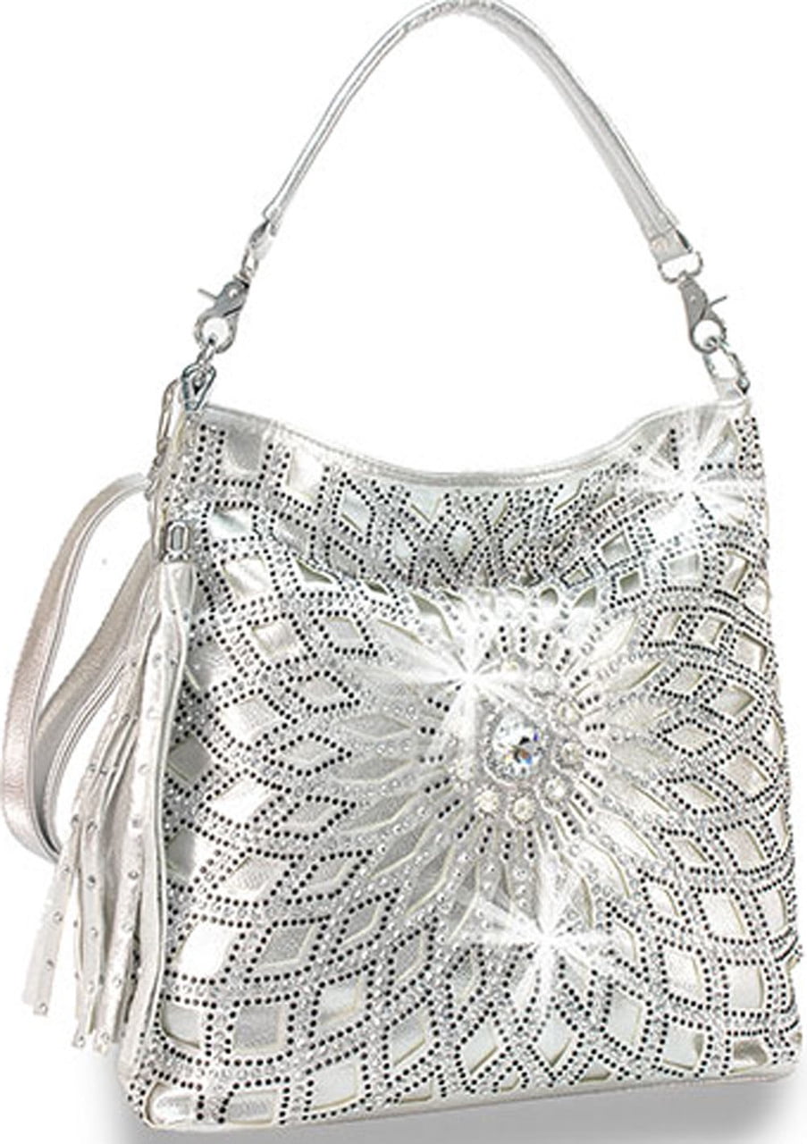 Rhinestone Hobo Handbag - Sparkly Plaid Faux Leather Purse With Crossbody Strap