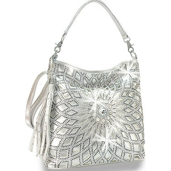 Starburst Rhinestone Hobo Bag with Shoulder Strap Silver