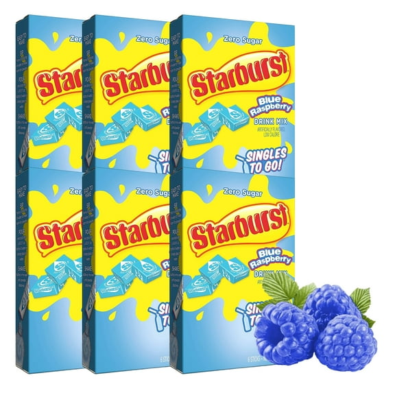 Starburst Singles To Go Powdered Drink Mix Blue Raspberry Flavor Sugar-Free Low-Calorie Water Enhancer for Home Summer Outdoor Beverages Pool Picnics Camping On The Go Drinks 6 Sticks - (6 Boxes)