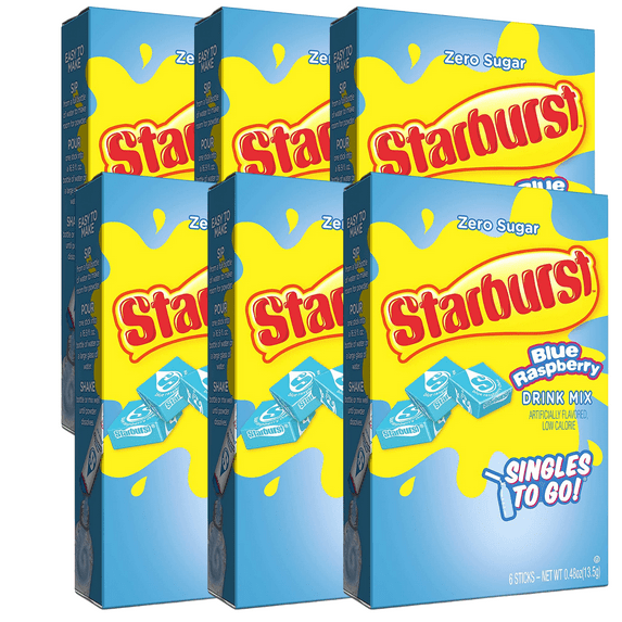 Starburst Singles To Go Powdered Drink Mix, Blue Raspberry, Pack of 6 (6 Boxes with 6 Packets Each 36 Total Servings), Sugar-Free Drink Powder Naturally Flavored Water Enhancer Convenient & On the Go