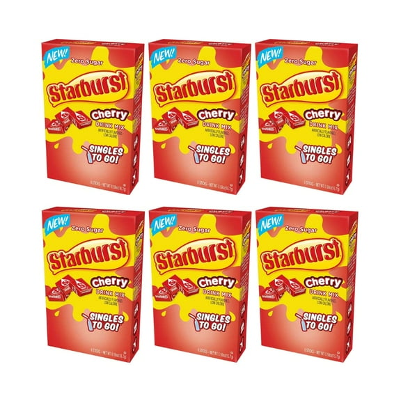 Starburst Singles To Go Powdered Drink Mix, Cherry, 6 Boxes With 6 Packets Each - 36 Total Servings, Sugar-Free Drink Powder, Just Add Water, 6 Count (Pack Of 6) Packaing mayvary