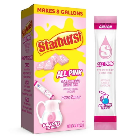 Starburst Zero Sugar Gallons-to-Go Powdered Drink Mix, All Pink Strawberry, 8 Count Gallon Pitcher Packets