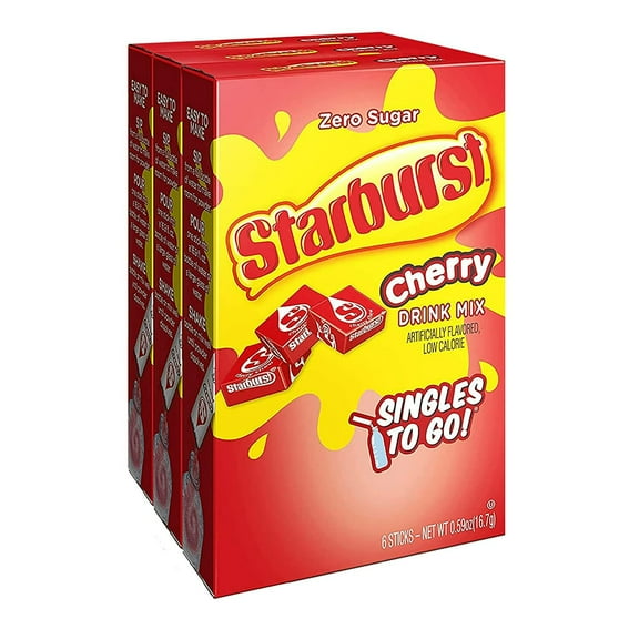 Starburst Zero Sugar Singles-to-Go Powdered Drink Mix, Cherry, 6 Count Packets, Pack of 3