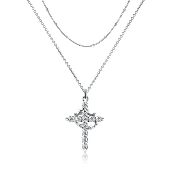 Starchenie Cross Rotated Crown Necklace 14K White Gold Plated Cubic Zirconia Faith Cross Pendant Layered Necklaces for Women Jewelry
