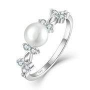 STARCHENIE Freshwater Pearl Ring 925 Sterling Silver 6mm White Pearl Rings for Women Anniversary Jewelry Size 5