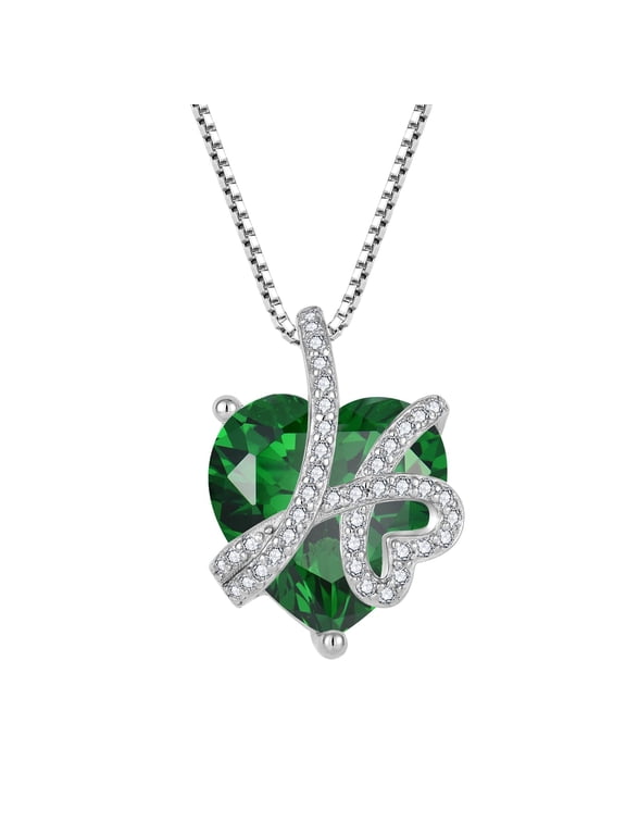 Love Heart Pendant Necklace 925 Sterling Silver May Emerald Birthstone Jewelry for Women