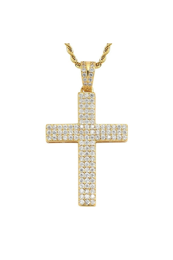 Men's Cross Necklace Brass Gold Plating Pendant Cubic Zirconia Crucifix Jewelry 24'' Rope Chain