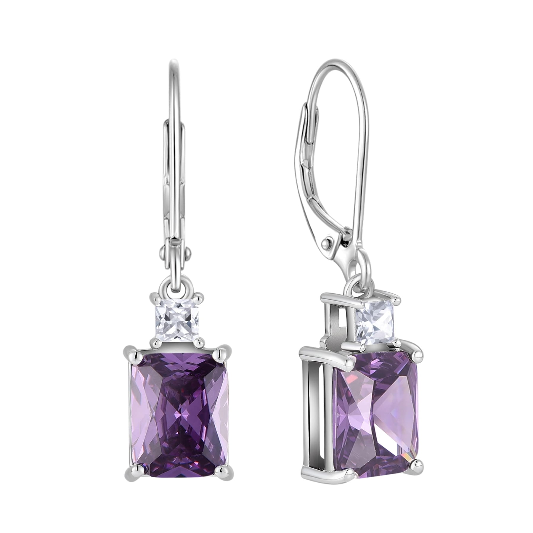 Starchenie Princess/Emerald Brilliant Cut Birthstone February Amethyst Earrings for Women Dangle Earrings Sterling Silver Leverback Earrings Birthday Anniversary Jewelry Gift
