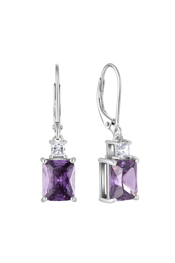 Princess/Emerald Brilliant Cut Birthstone February Amethyst Earrings for Women Dangle Earrings Sterling Silver Leverback Earrings Birthday Anniversary Jewelry Gift