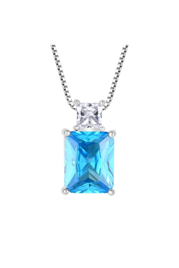 Princess/Emerald Cut Birthstone March aquamarine Pendant Necklace for Women 925 Sterling Silver Birthday Anniversary Jewelry Gifts