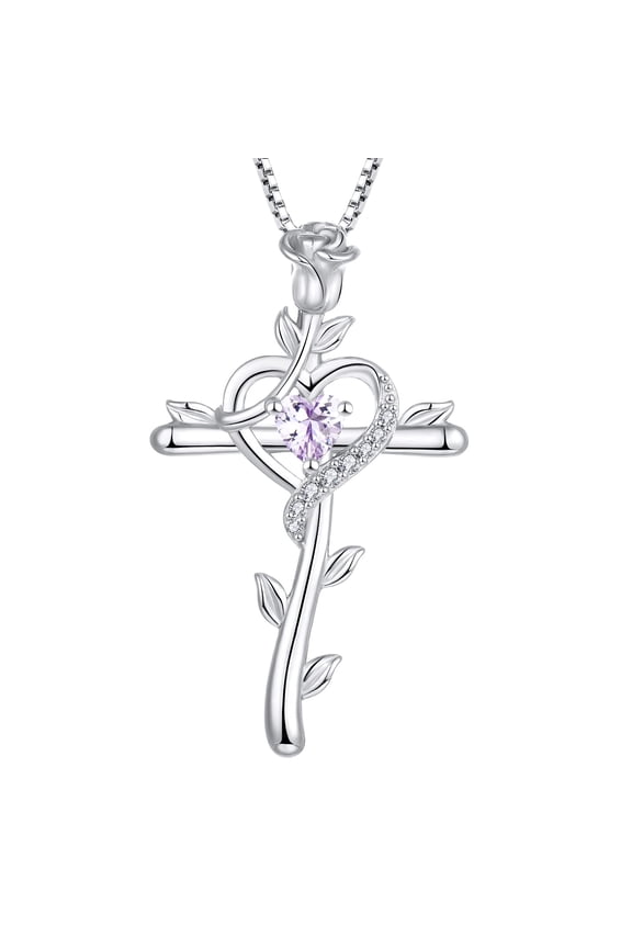 Rose Cross Necklace 925 Sterling Silver Heart Crucifix Pendant Birthstones June Alexandrite Jewelry for Women