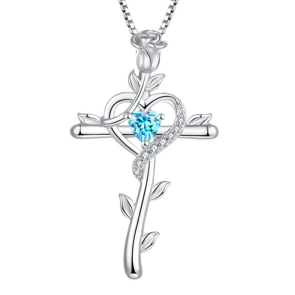 Starchenie Rose Cross Necklace 925 Sterling Silver Heart Crucifix Pendant Birthstones March Aquamarine Jewelry for Women
