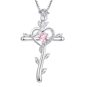 Starchenie Rose Cross Necklace 925 Sterling Silver Heart Crucifix Pendant Birthstones October Pink tourmaline Jewelry for Women
