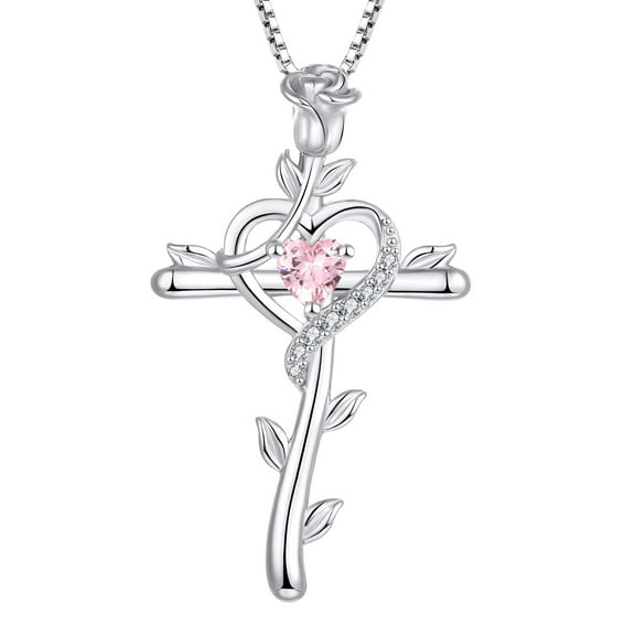 Starchenie Rose Cross Necklace 925 Sterling Silver Heart Crucifix Pendant Birthstones October Pink tourmaline Jewelry for Women