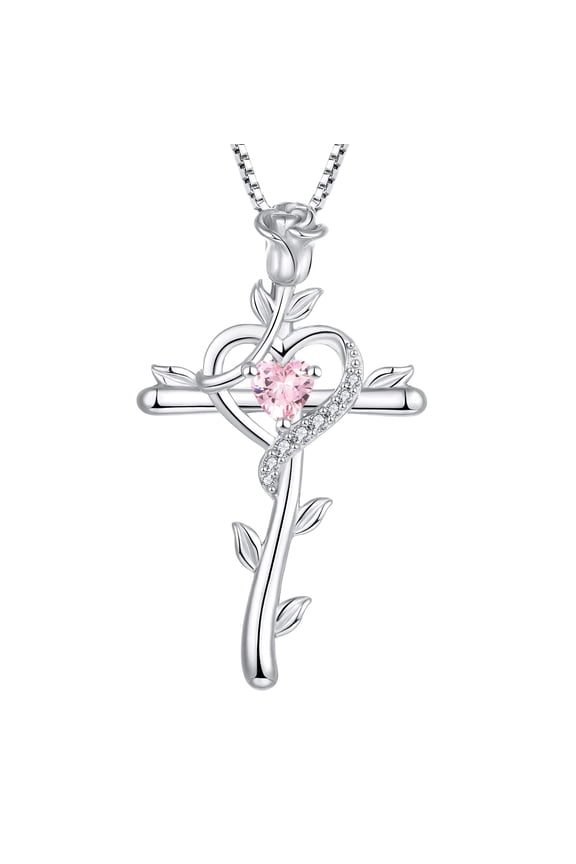 Rose Cross Necklace 925 Sterling Silver Heart Crucifix Pendant Birthstones October Pink tourmaline Jewelry for Women