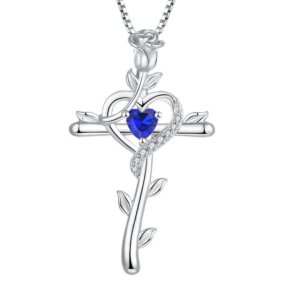 Starchenie Rose Cross Necklace 925 Sterling Silver Heart Crucifix Pendant Birthstones September Sapphire Jewelry for Women