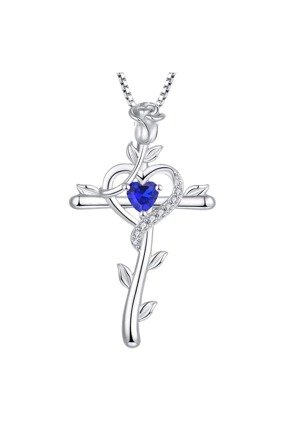 Rose Cross Necklace 925 Sterling Silver Heart Crucifix Pendant Birthstones September Sapphire Jewelry for Women