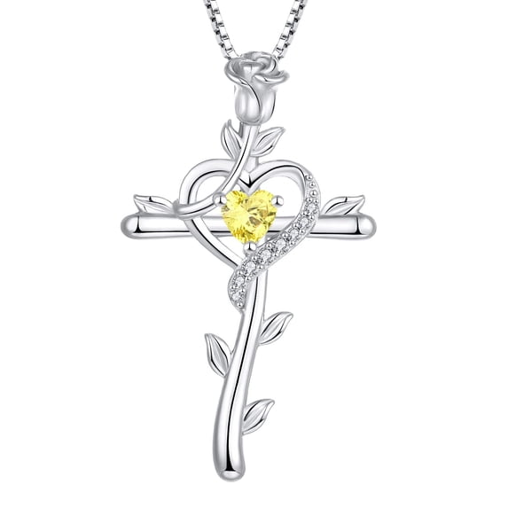 Starchenie Rose Cross Necklace 925 Sterling Silver Heart Crucifix Pendant November Topaz Birthstone Jewelry for Women