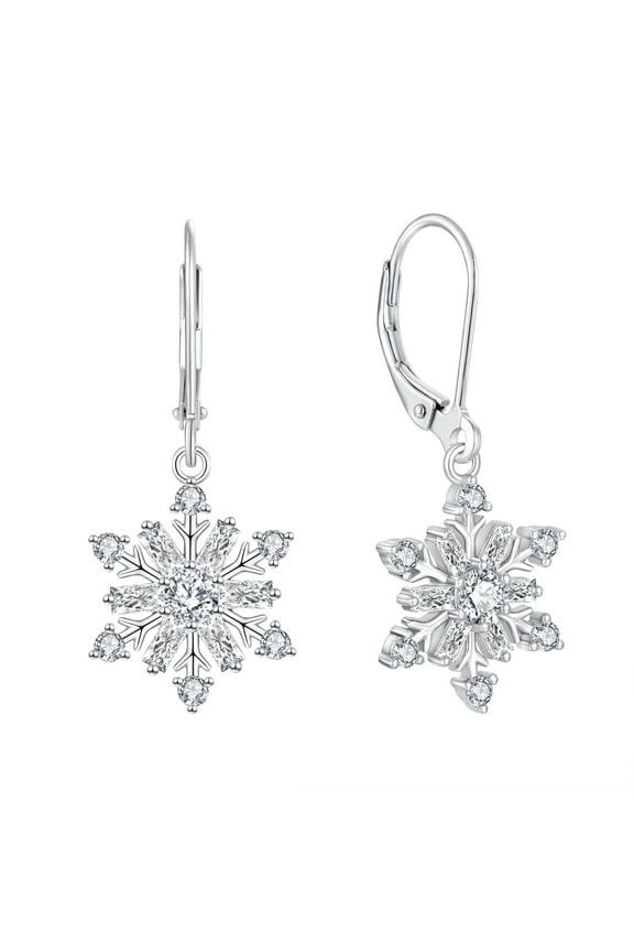 Snowflake Dangle Drop Earrings 925 Sterling Silver Leverback Earrings April Birthstone Cubic Zirconia Jewelry Christmas Gift for Women