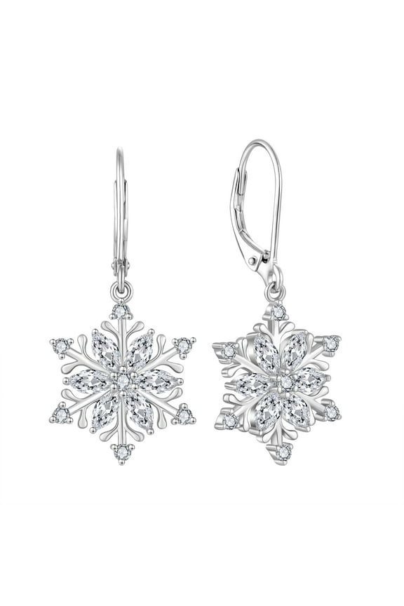 Snowflake Dangle Earrings for Women 925 Sterling Silver Leverback Earrings April Birthstones Cubic Zirconia Jewelry Christmas Gift