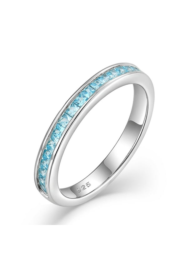 Stackable Ring for Women 925 Sterling Silver Eternity Band Princess Cut Birthstone March Aquamarine Rings Size 5