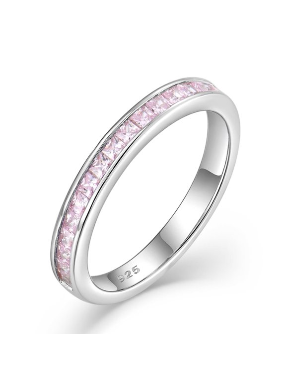 Stackable Ring for Women 925 Sterling Silver Eternity Band Princess Cut Birthstone October Pink Tourmaline Rings Size 5