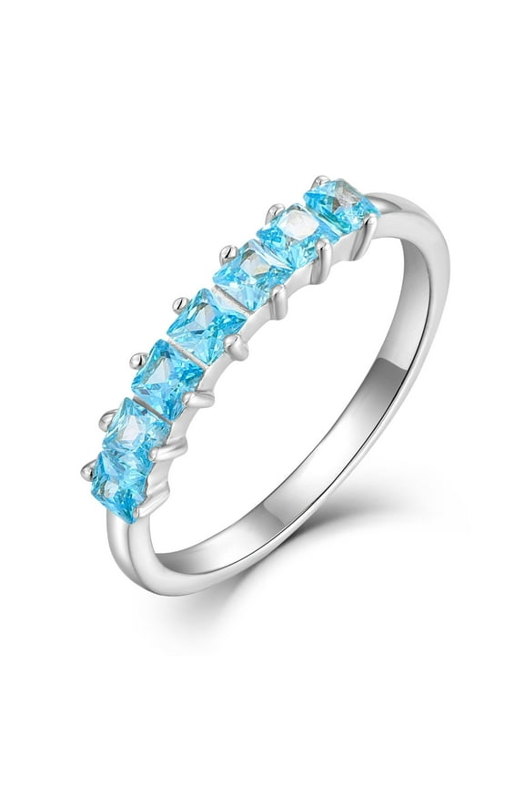 Stackable Ring for Women 925 Sterling Silver March Aquamarine Princess-Cut Eternity Band Rings Size 9