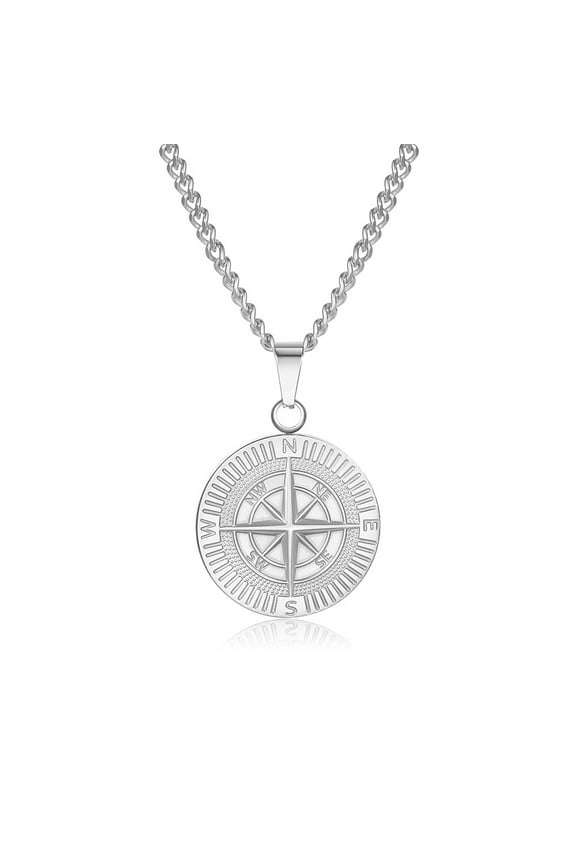 Stainless Steel Compass Silver Pendant Chain Necklace for Men Jewelry Gift