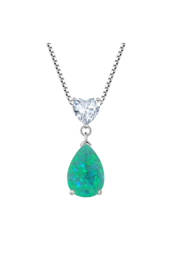 Teardrop Pendant Necklace for Women 925 Sterling Silver 7x10mm Pear Cut Green Opal Jewelry with CZ Heart