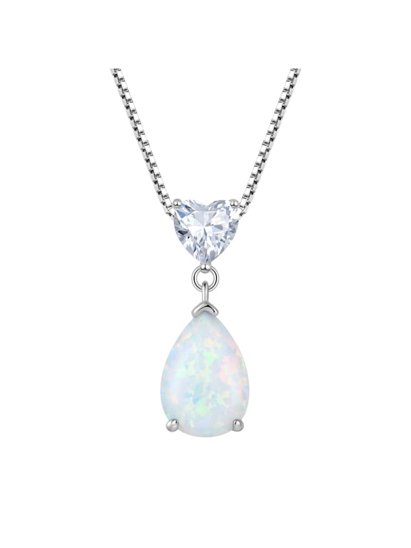 Teardrop Pendant Necklace for Women 925 Sterling Silver 7x10mm Pear Cut Opal Jewelry with CZ Heart