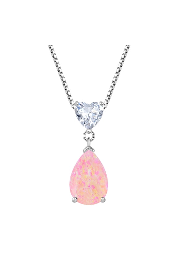 Teardrop Pendant Necklace for Women 925 Sterling Silver 7x10mm Pear Cut Pink Opal Jewelry with CZ Heart