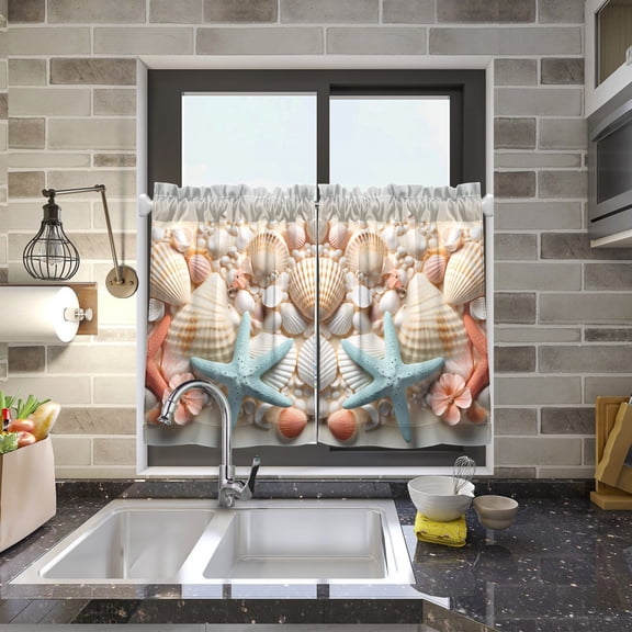 Starcus Shell Conch Kitchen Curtains Half Tier Curtain 2 Rod Pockets Bathroom Bedroom Cupborad Living Room 27"x24"