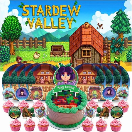 Stardew Valley Birthday Supplies Plates Decorations Decor Backdrop Banner Cake Topper Fans