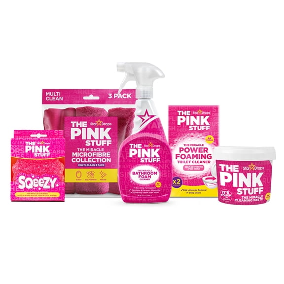 Stardrops - The Pink Stuff Bathroom Cleaning Kit Cleaning Paste, Bathroom Foam Spray, Toilet Foaming Powder, SQeeZY Sponge & 3 Microfiber Cloths Tough on Stains, Grease & Soap Scum