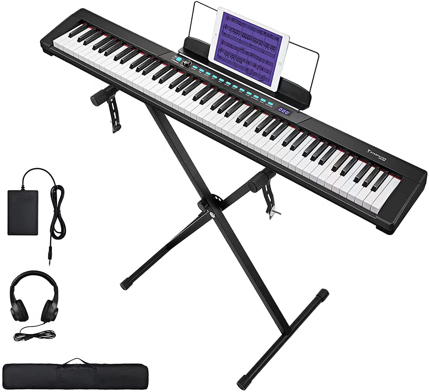 Starfavor 88-Key Keyboard Electronic Keyboard Piano for Beginner, X-Stand,  Carrying Case, Sustain Pedal, Power Supply, Electric Keyboard SEK-88A