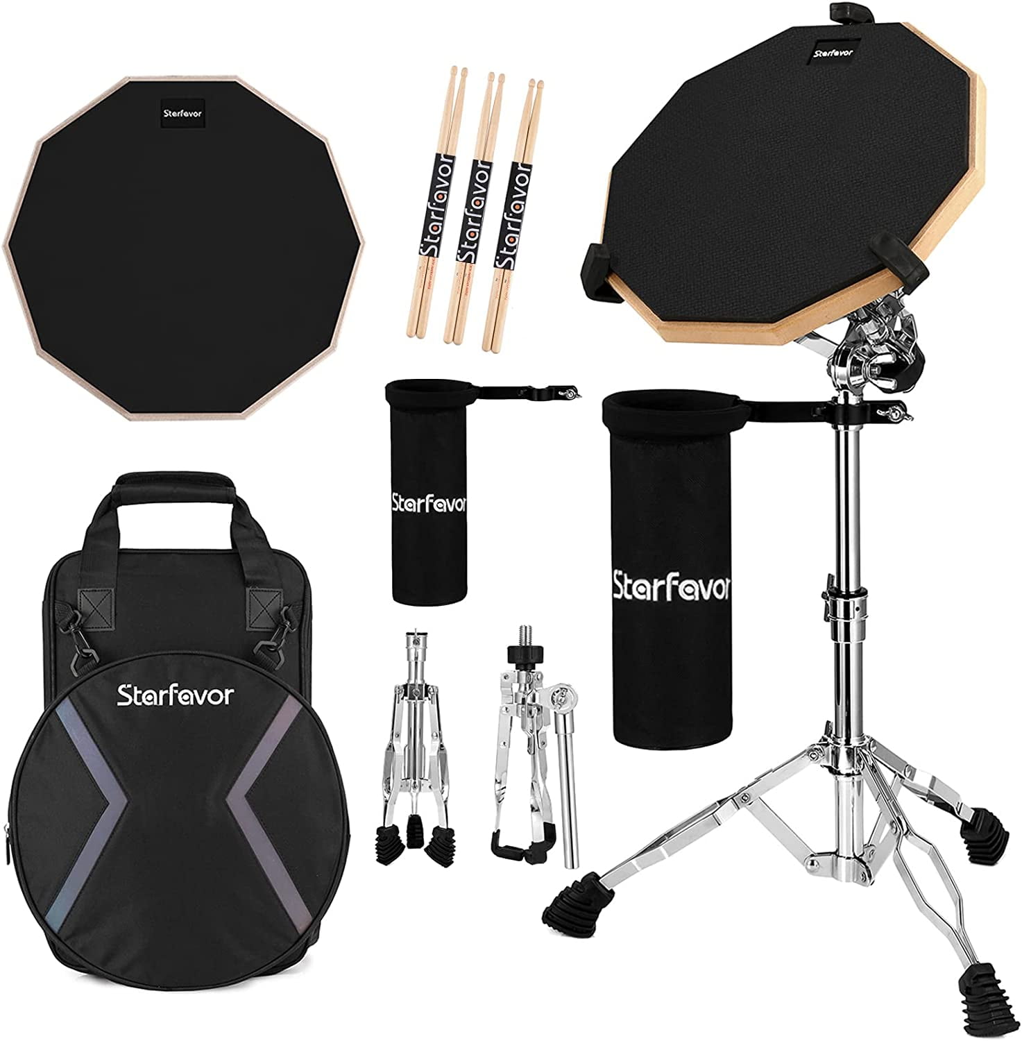 Starfavor 12inch Double Sided Drum Practice Pad Kit with Stand, Drumsticks and Carrying Bag