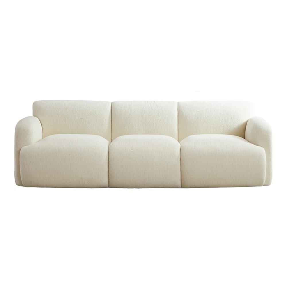 Cream Boucle Fabric Mid-Century Modern 90.6" Sofa with Solid Wood Base