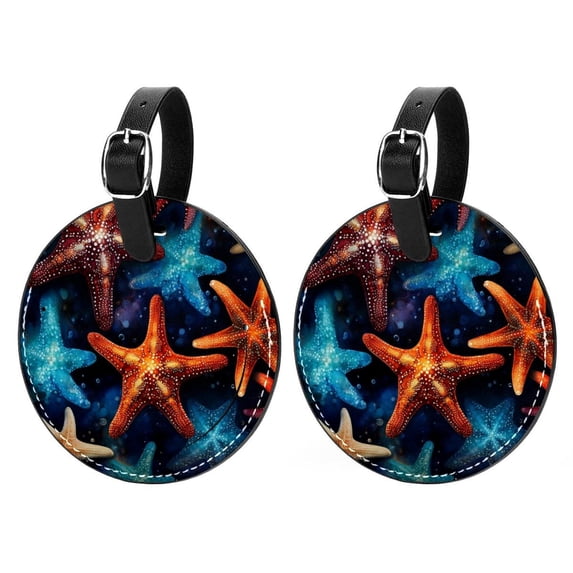 Starfish 2pcs PU Leather Round Bag Tags Suitcase Handbag Tags with Privacy Cover and Name ID Tag for Travel Luggage, Handbags, Backpacks, School Bags